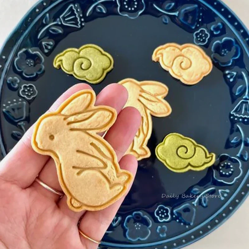 Easter Cute Rabbit Moon Cookie Cutter Mold Mid-Autumn Bunny Biscuit Stamp Hand Pressed 3D PLA Icing Cookie Kitchen Supplies