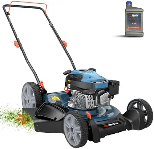 21-Inch Gas Lawn Mower, 144CC 4-Cycle Engine Push Mower with Mulching & Side Discharge, 6-Position Cutting Height