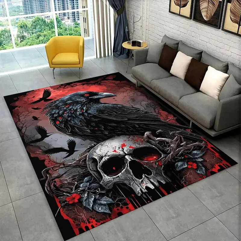 Gothic Raven Skull Crow Cartoon Large Area Rug Non-slip Durable Carpet for Bedroom Living Room Sofa Doormat Home Decor Floor Mat