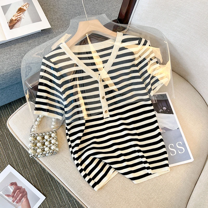 니트웨어 반팔 스트라이프 니트 스웨터 여성 풀오버 새로운 V넥 니트 스웨터 풀오버 여성 탑스 스웨터 페미니노 Q2706