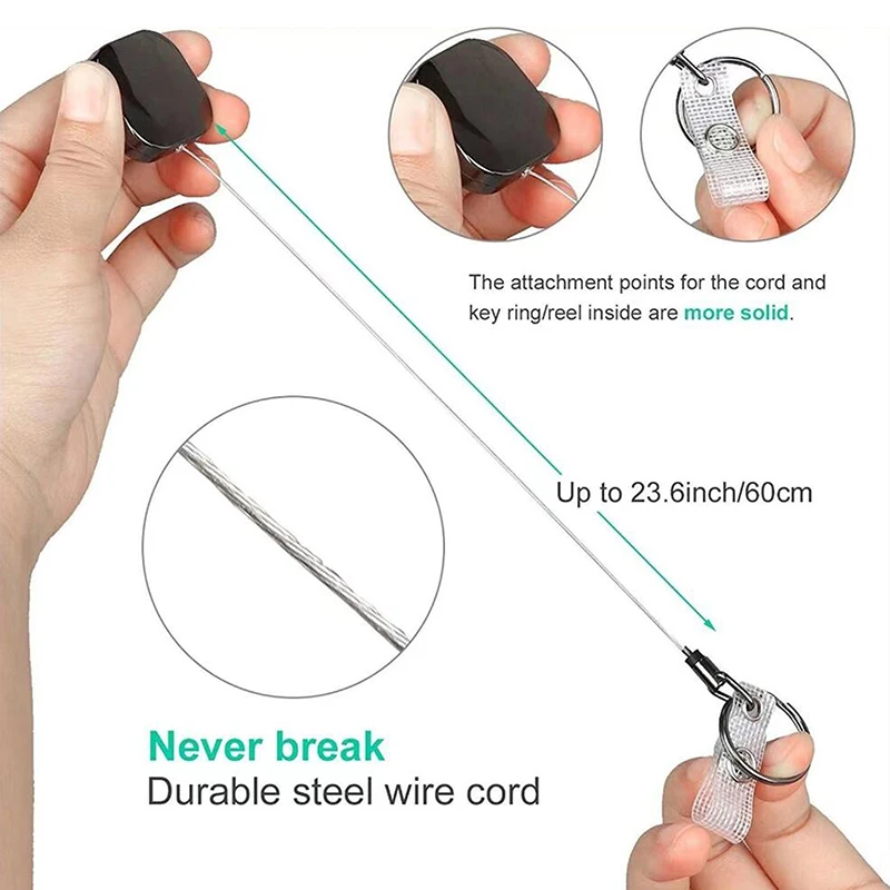 Outdoor 32mm Bright Black Zinc Alloy Steel Wire Cord Heavy Duty Metal Retractable Carabiner Keychain Belt Badge Reels Clip