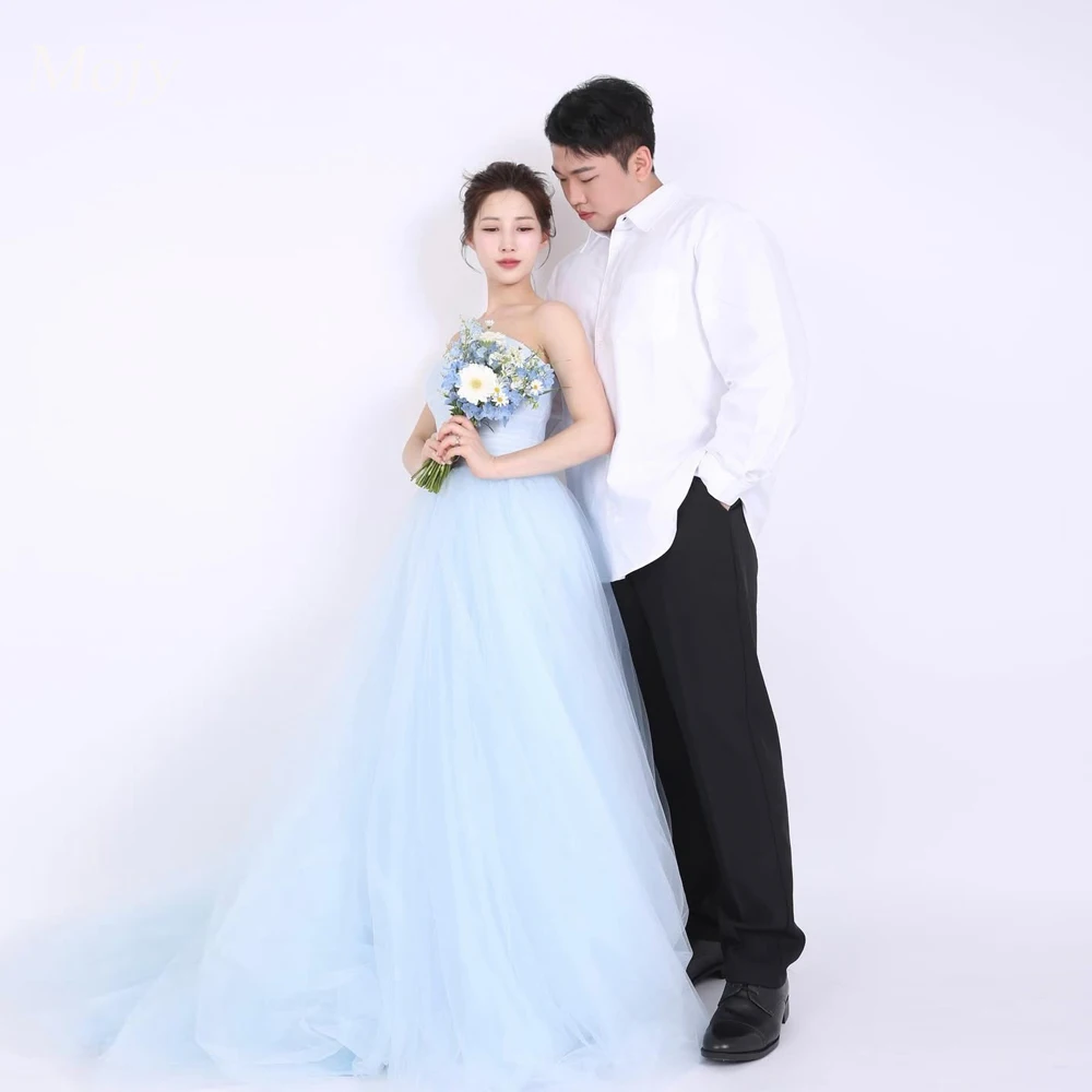 

Mojy Sweetheart Sky Blue Korea Evening Dresses Ruffles Soft Tulle A Line Wedding Photography Dress Customized Formal Party Dress