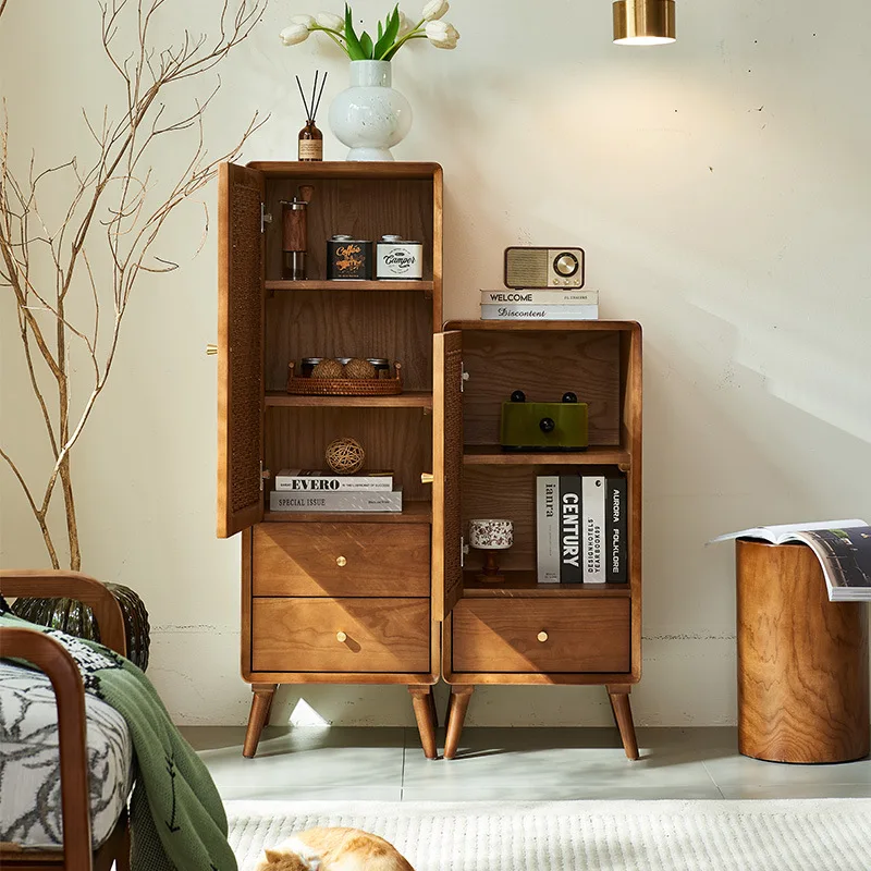 Armadietti alti e bassi da soggiorno in legno massello color noce in rattan nordico Inn B & B Set combinato per piccoli appartamenti in stile giapponese