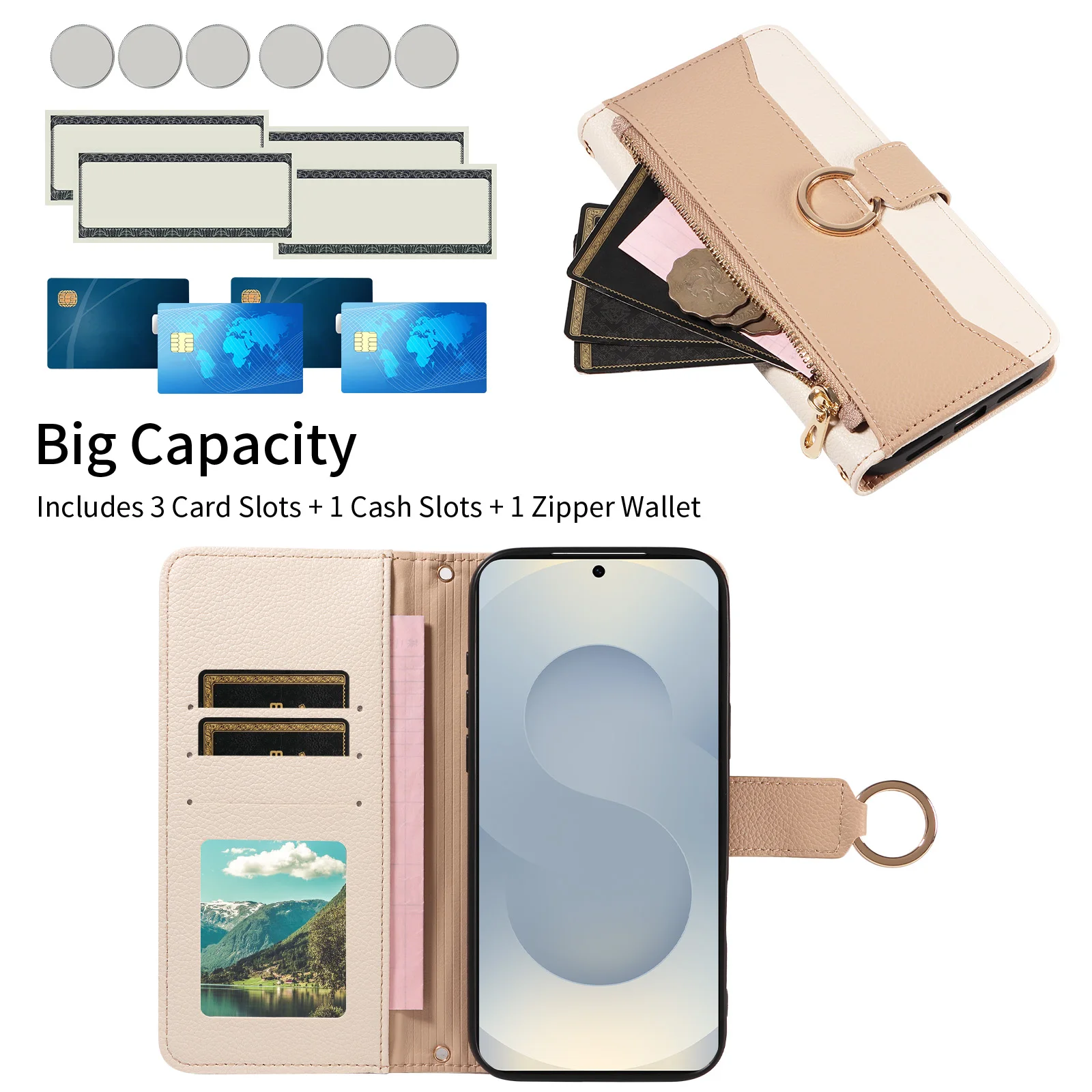 Patchwork-Ring-Reißverschluss-Brieftaschen-Schutzhülle für Samsung S26Ultra S25 Plus S24+ S23 S22 S21 S20 Fe Handyhülle mit Münzfach und Umhängegurt Kunstleder-Handytasche – Detail 6