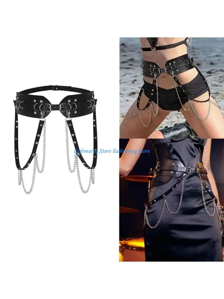 

573B Waist Belt with Rhinestones for Club Cowgirl Rock and Roll Punk Wide Belt Hot Girl WaistChain Studded Sexy Belt