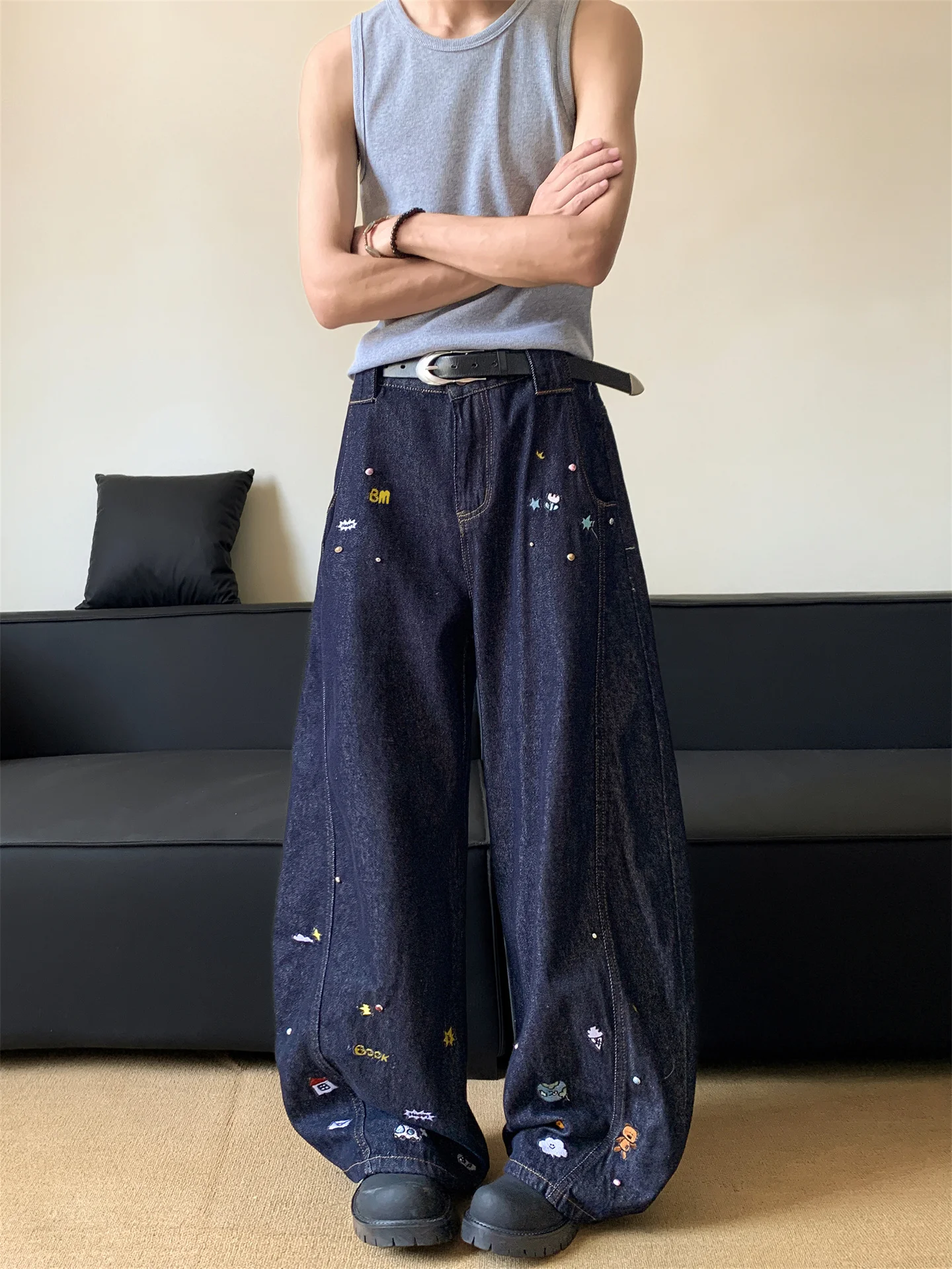 

Retro American Waed Embroidered Knife Loose Leg Men's Jeans Casual Straight Cut Summer Faion Youth Leisure Pants