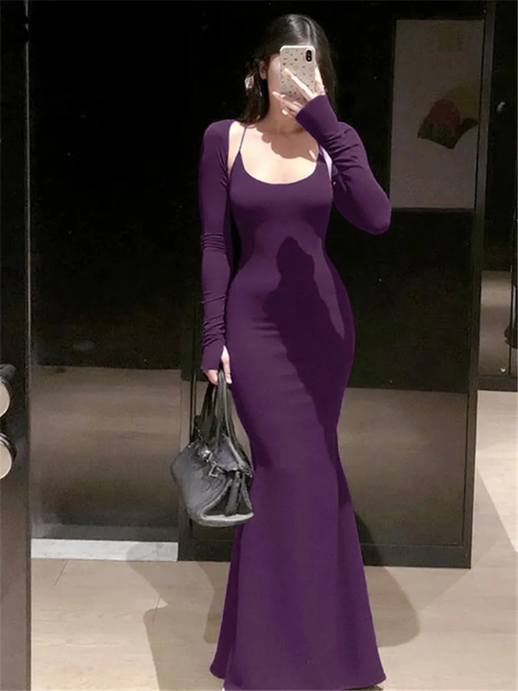 Shestyle المرأة الشتاء فستان طويل عارية الذراعين أسود أرجواني الصلبة 2 قطعة مجموعات الرسن كيب ضيق سليم رشيقة مثير الخيال الملابس