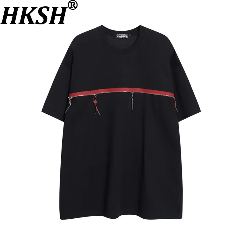 HKSH Summer New Men Tide Color-Block Zipper Short Sleeve Tees High Street Punk Drop Shoulder Women Dark Chic T-shirt Ins HK19802