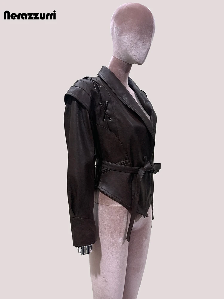 Mauroicardi Autumn Retro Brown Short Asymmetrical Pu Leather Jacket Blazer Women Shawl Collar Lace Up Luxury Designer Clothes