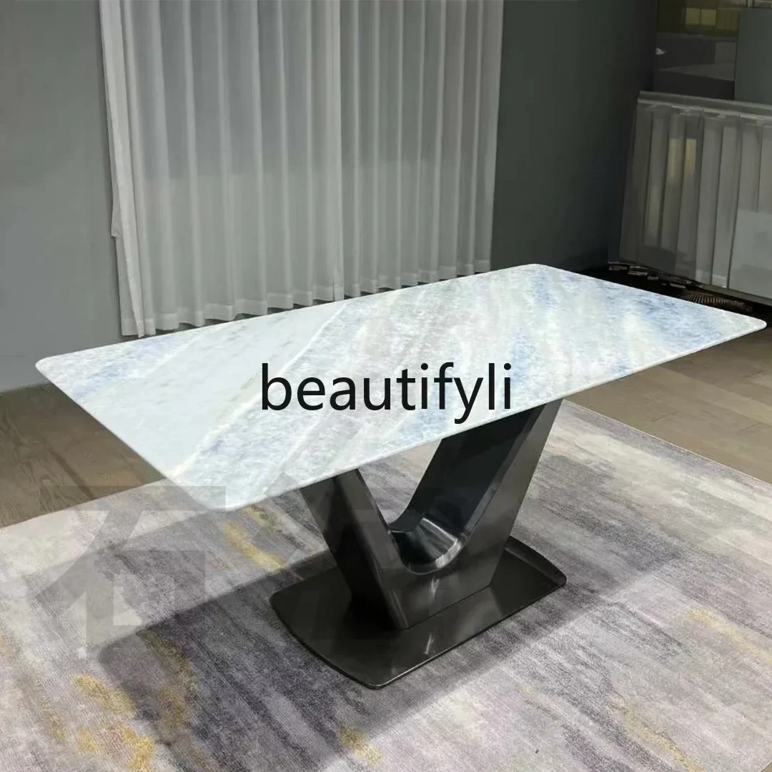 

Pure natural marble blue crystal luxury stone dining table Italian simple rectangular light luxury living room