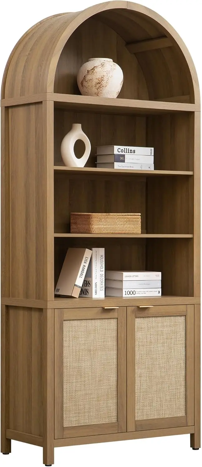 

SICOTAS Book Shelf Arched Cabinet Bookshelf Arch 84.2" Tall Bookcase 5 Tier Large Bookshelves with Doors Storage Rattan Boho Wid