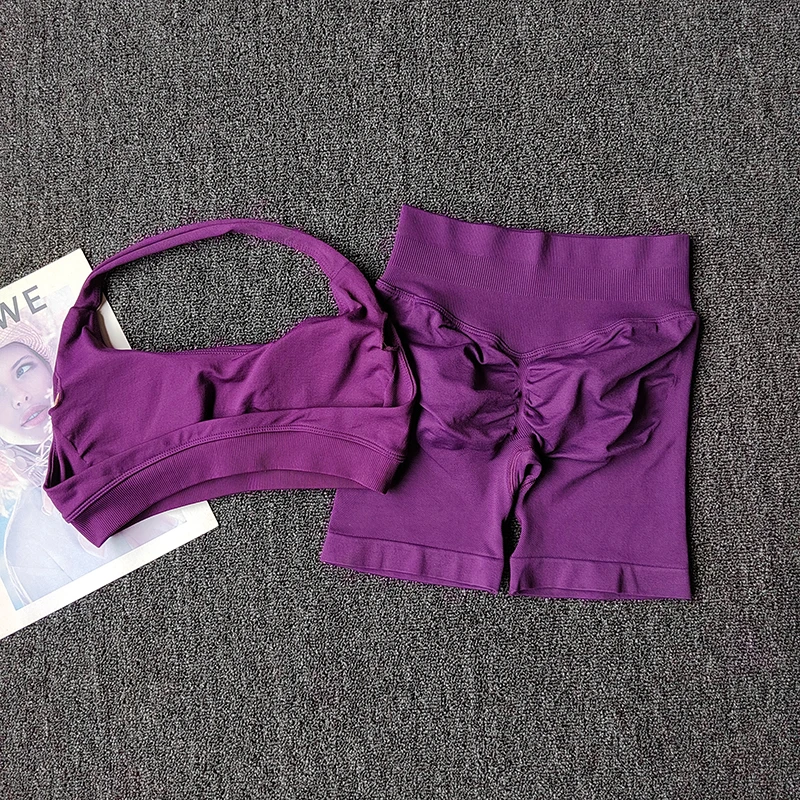 2PCs Peach High Waist Belly Hip Lifting Sports Bras Shorts Suit Gathering Shock… - Image 2