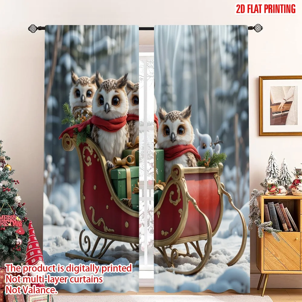 

2pcs 2D flat printing Merry Christmas Curtains Christmas Owls Sleigh Gifts Polyester Without Electricity Festive Holiday for