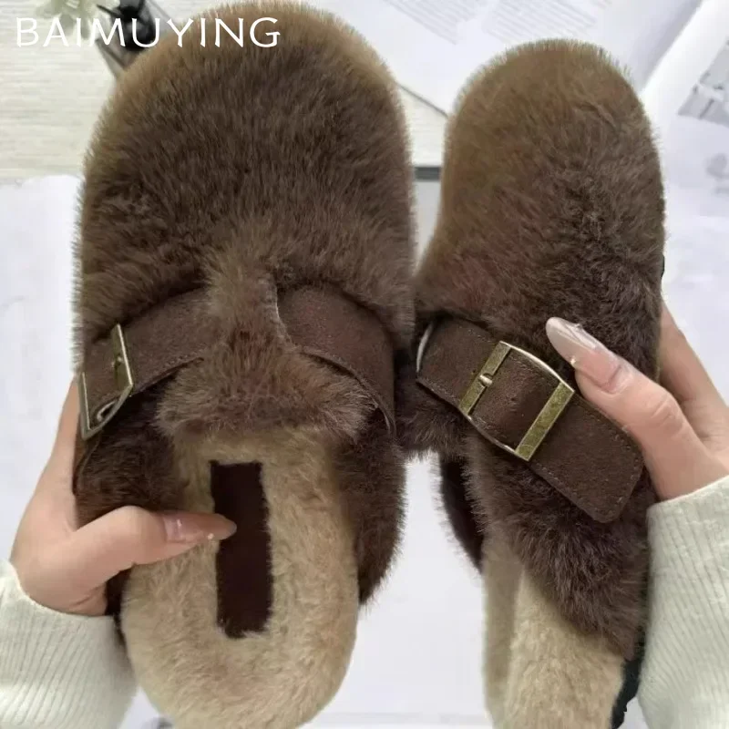 Fluffy Slippers Women Fur Warm Flats Cotton Shoes Woman 2025 Trend Winter Short Plush Mules Shoes Brand Casual Snow Botas Mujer