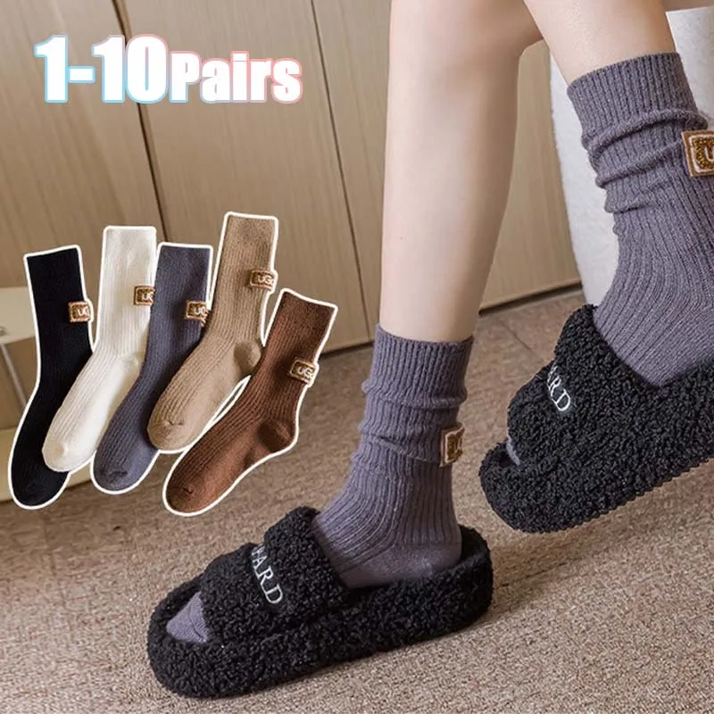 

1-10Pairs Autumn and Winter Women’s Thick Mid-Calf Socks Solid Color Ribbed Korean Style Casual Maternity Socks