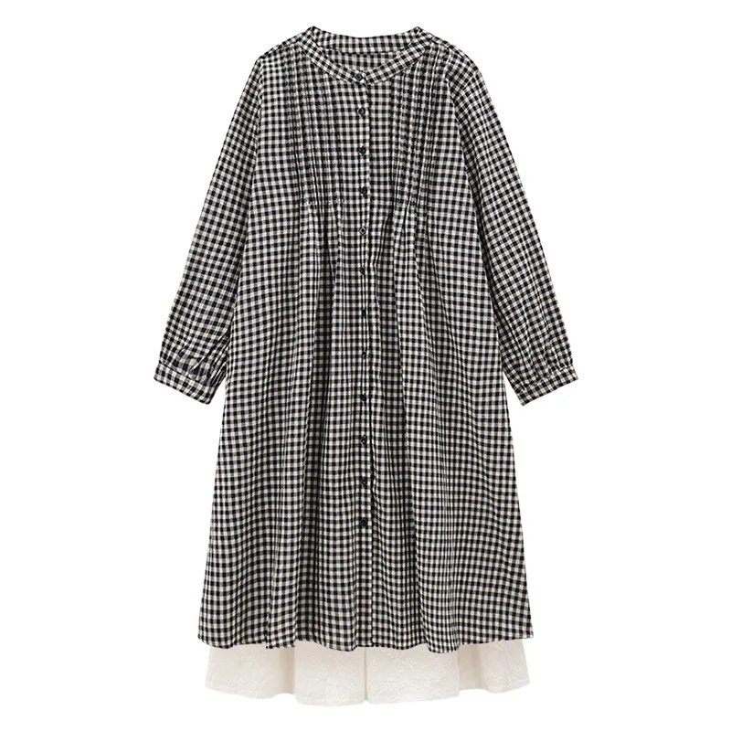 Japanese‑style Vintage Plaid Long‑Sleeve Shirt Dress for Women Spring Layering Lazy Loose Midi Dress Petite Student Elegant Dres