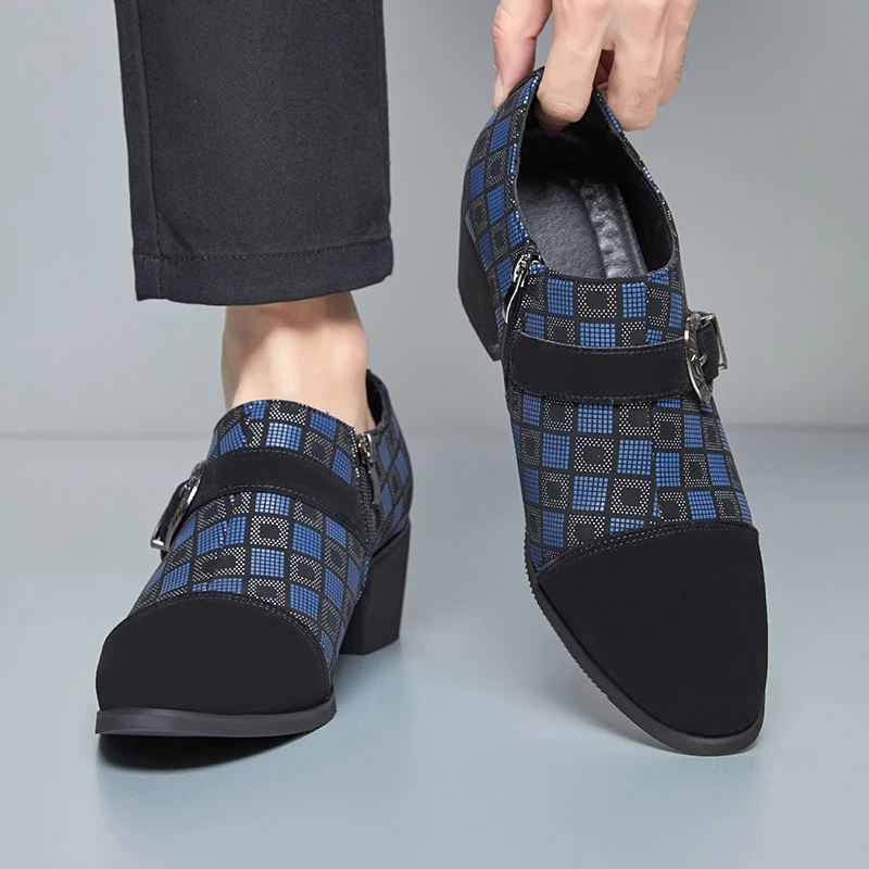 New Retro Checkered Men High Heels with Contrasting Europeanand American Fashion Personality Hosting Wedding Banquet Cuban Shoes