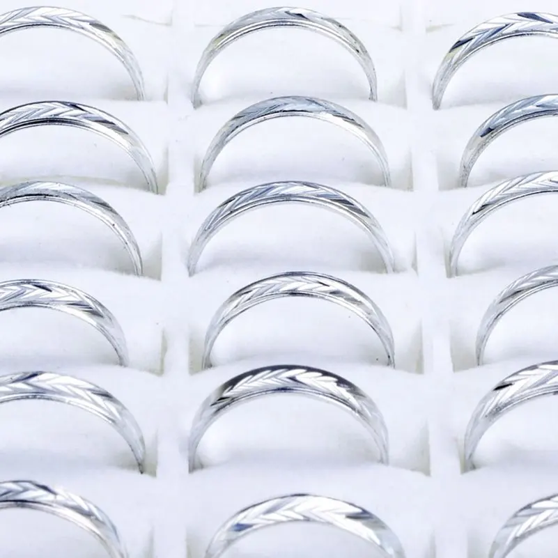 Wholesale 100Pcs/Lot Vintage Silver Color Rings For Women Men 3-4mm Width Metal Carved Aluminum Ring Party Jewelry Accessories