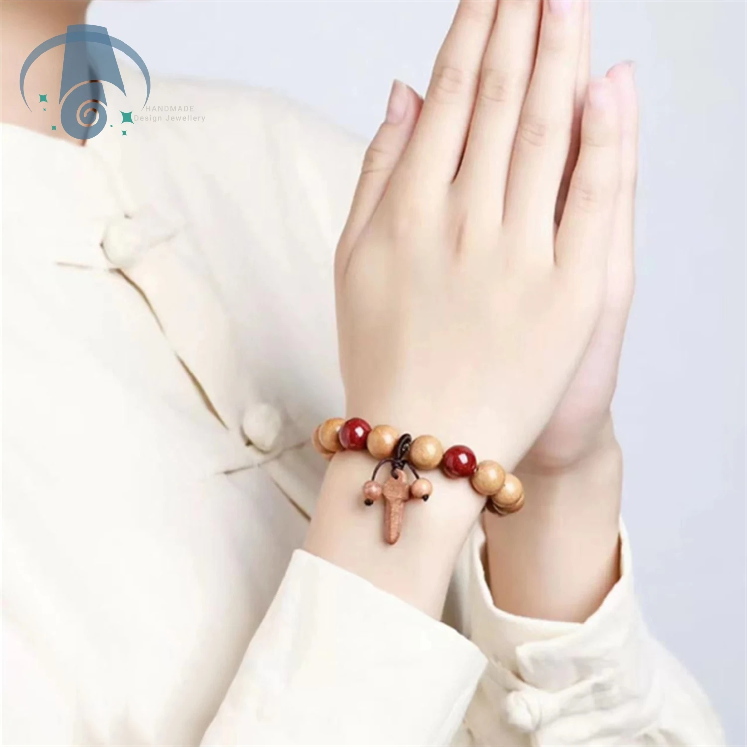 Peach Wood Bracelet with Red Cinnabar Bead and Mini Sword Charm Ethnic Style Unisex Couples Jewelry for Good Luck Protection Gif