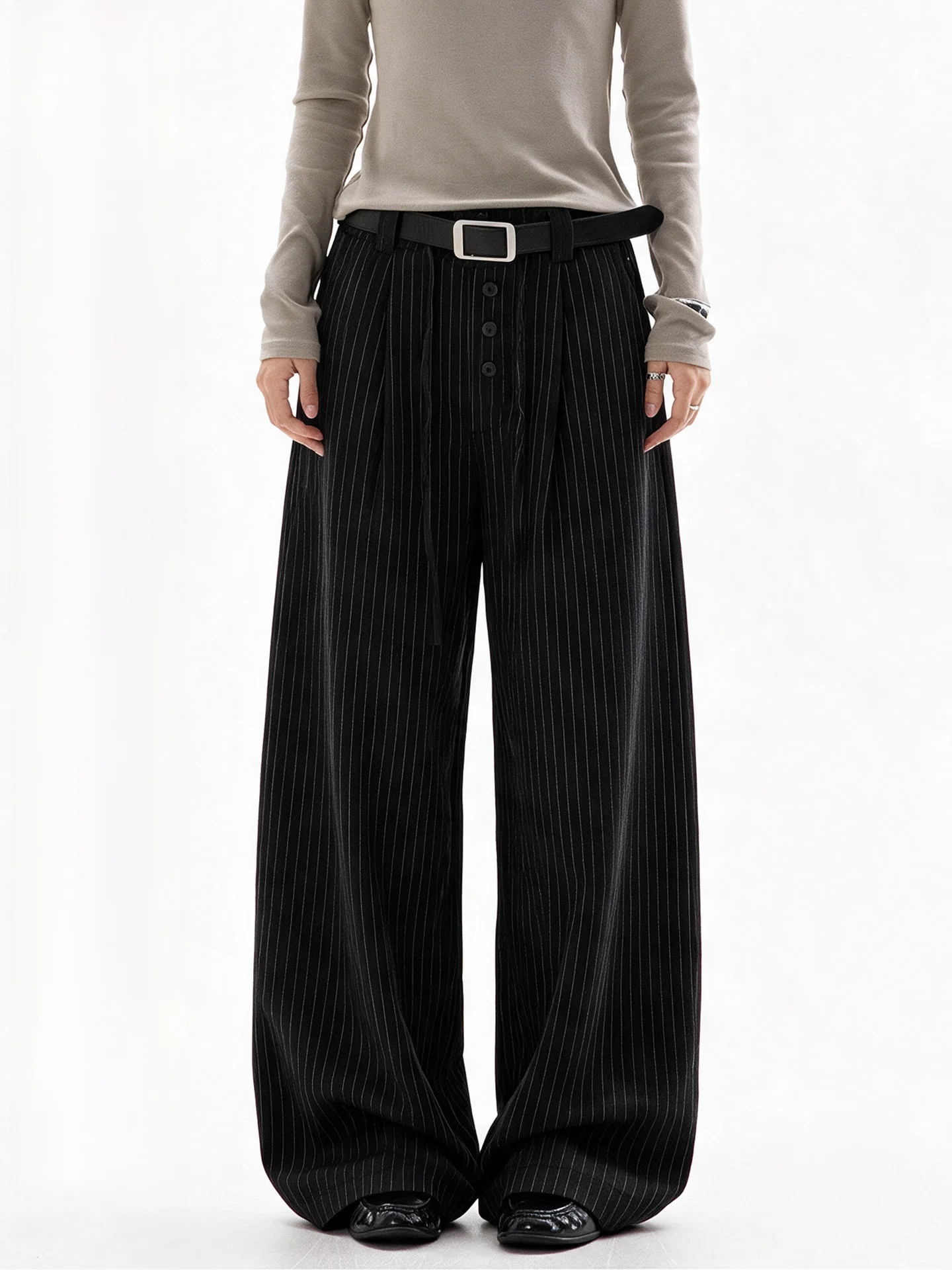 Aaisup Black Striped Wide Leg Pants Women's Spring Autumn Drawstring Casual Trousers Slimming Silhouette Polyester Fiber