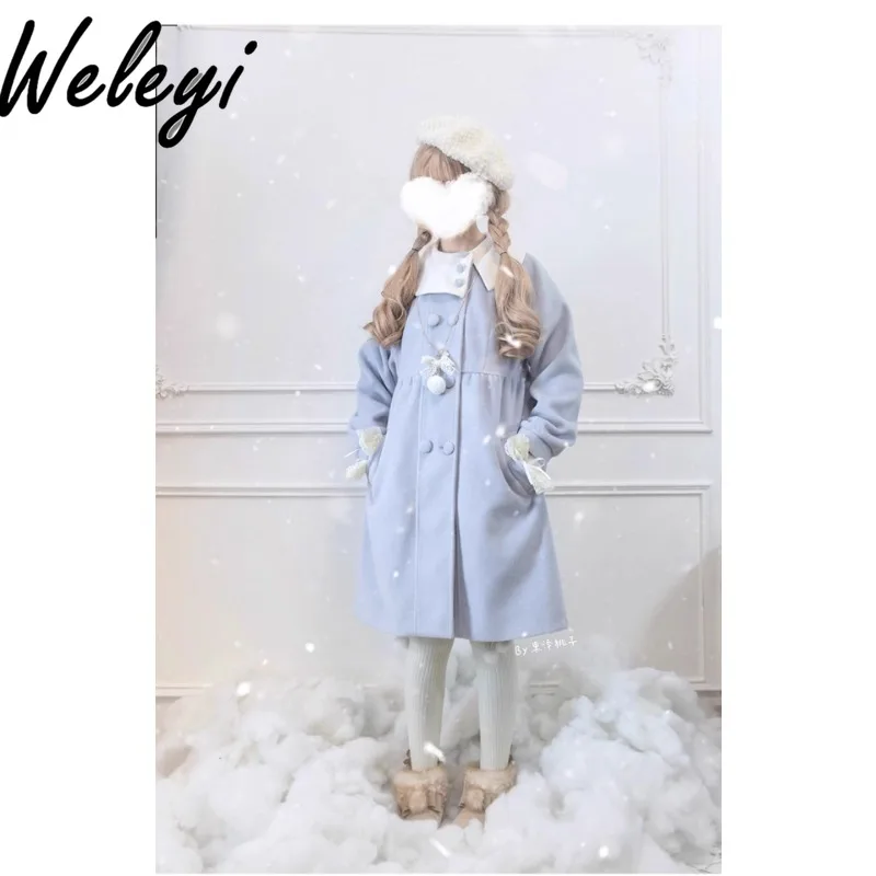 Lolita Kawaii Cutecore Woolen Coat Ropa De Mujer Winter Sweet Fashion Doll Collar Double Breasted Medium Length Loose Cape Coats