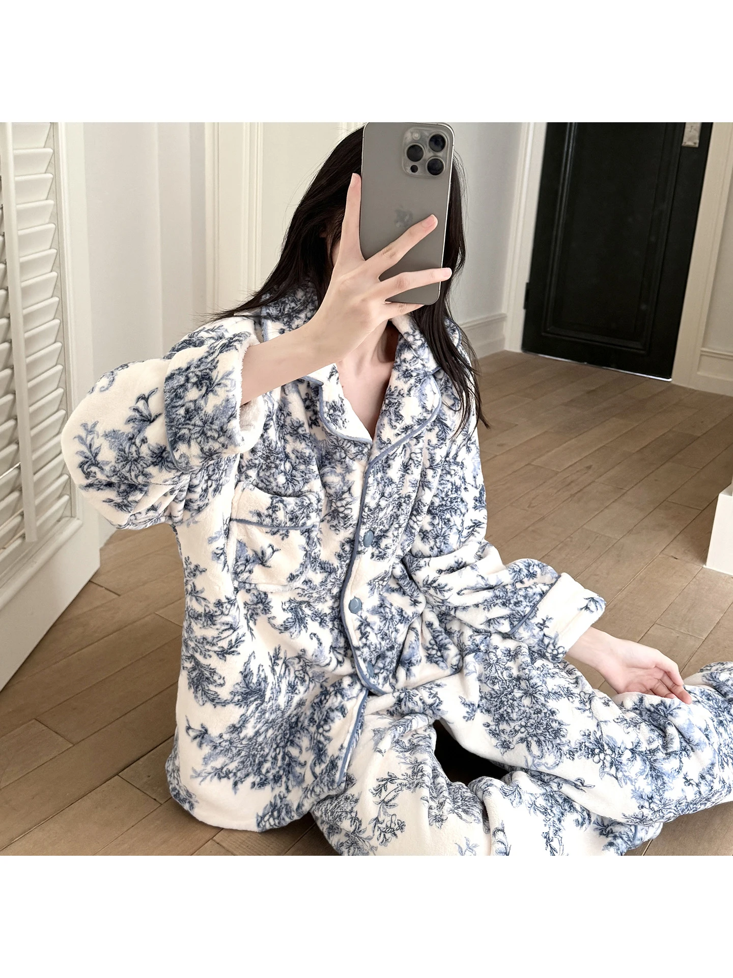 Winter Thickened Coral Fleece Flannel Padded Zipper Closure Long Sleeve Sleepwear Women's Home Clothes Set Soft Placket Neck ...