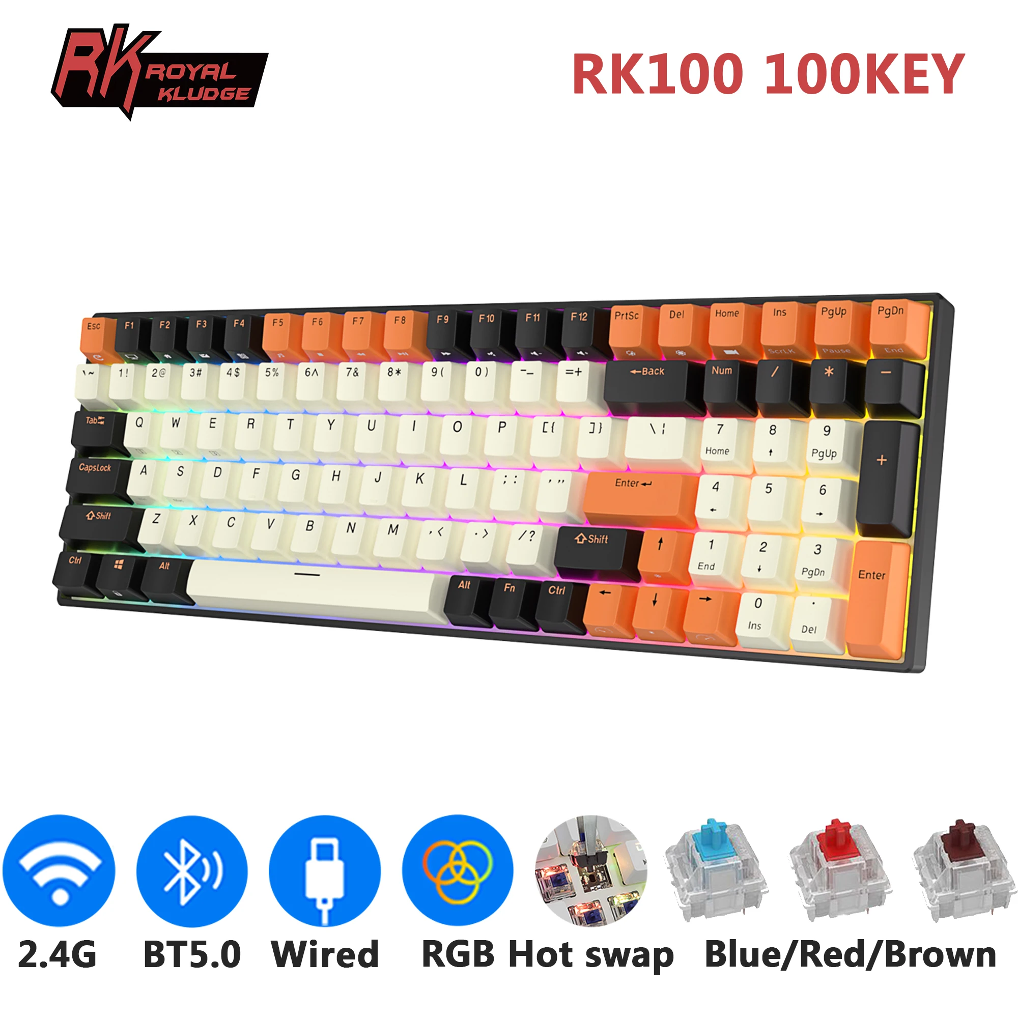 

RK ROYAL KLUDGE RK100 2,4G Беспроводная/Bluetooth/Проводная Механическая клавиатура RGB 100 клавиши популярная русская игровая клавиатура