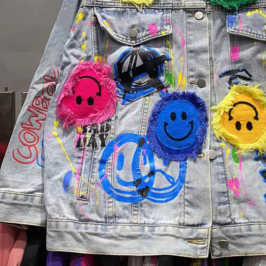 Europees en Amerikaans gepersonaliseerd spijkerjack voor dames, heavy-duty patch graffiti smiley gezicht trendy merk lichte luxe j