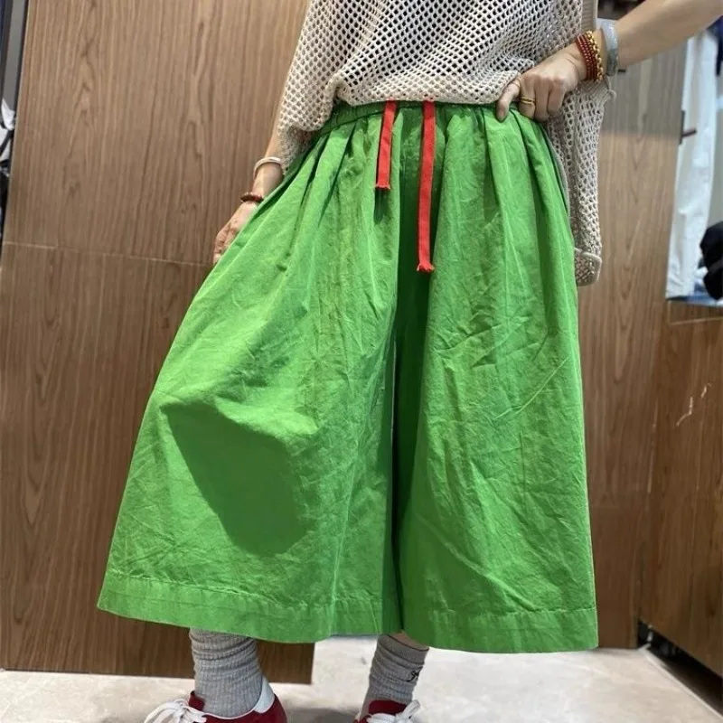 

Сплошной цвет с эластичной резинкой на талии, повседневные широкие брюки, женские брюки в китайском стиле, новинка 2023 года, летние укороченные брюки контрастного цвета с завязками