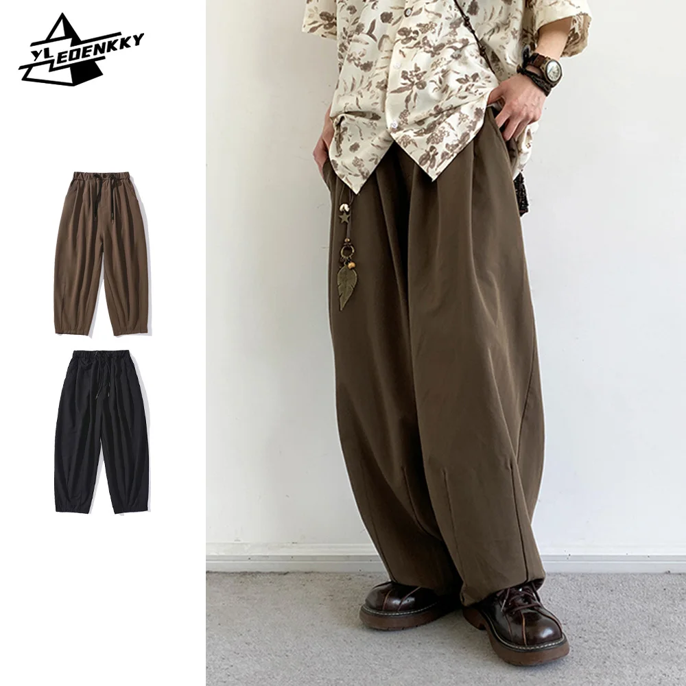 Summer Oversize Pants Men Women Solid Color Simple Wide-leg Casual Trousers Vintage Drawstring Loose Couple Pants Street Unisex