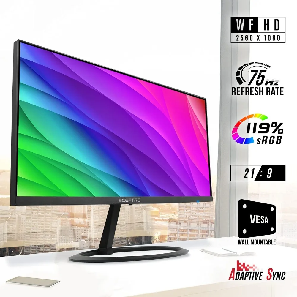 Monitor ultra lebar IPS 29-inci kelas 30 2560x1080 HDMI DisplayPort 119% sRGB hingga 300 Lux Build-in speaker, mesin hitam