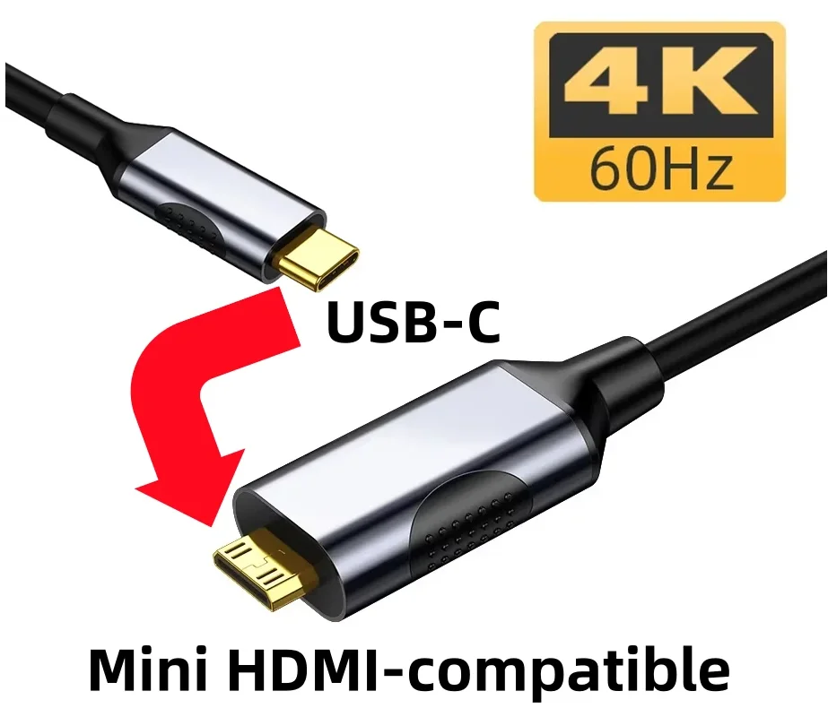Cabo adaptador compatível tipo c para mini hdmi, 1.5m, 4k @ 60hz para monitor portátil, compatível com samsung galaxy s23 macbook pro