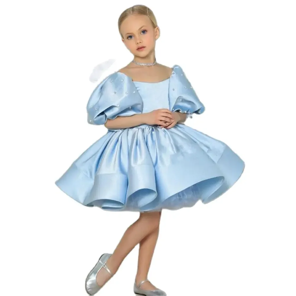 Perle scintillanti Flower Girl Dress scollo a barca maniche gonfie lunghezza al ginocchio Puff Girls abiti da festa per abiti da spettacolo per bambini da sposa