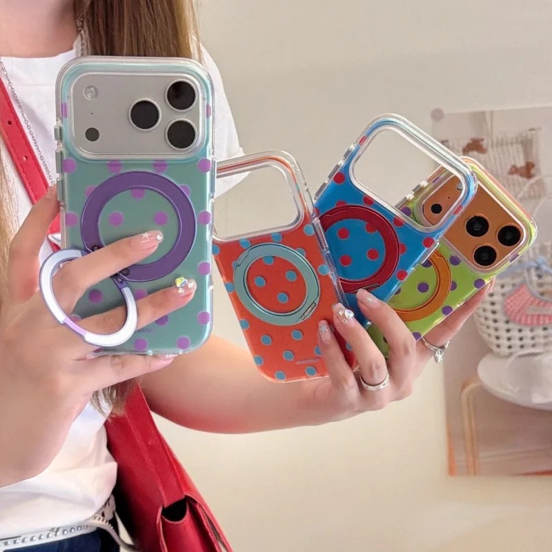 

Fashion Plating Silver Color Polka Dot Rotation Stand Phone Case For iPhone 17 Pro 16 15 Pro Max Back Cover Cute Protective Case