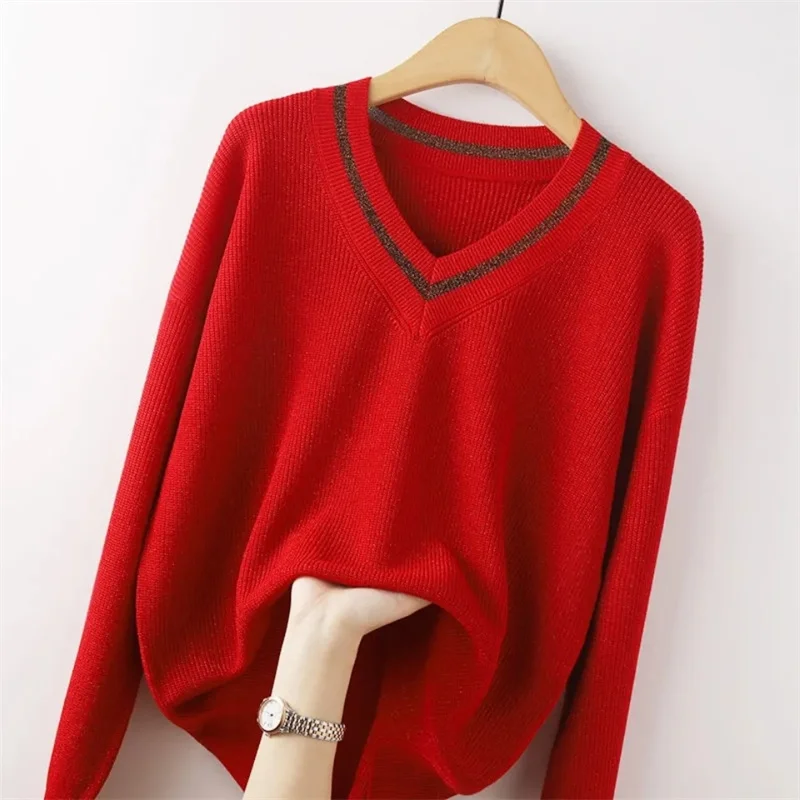 2023 New Versatile Loose and Slim Autumn and Winter New V-neck Sweater Women's Versatile Large Knitted Underlay Women's Trend