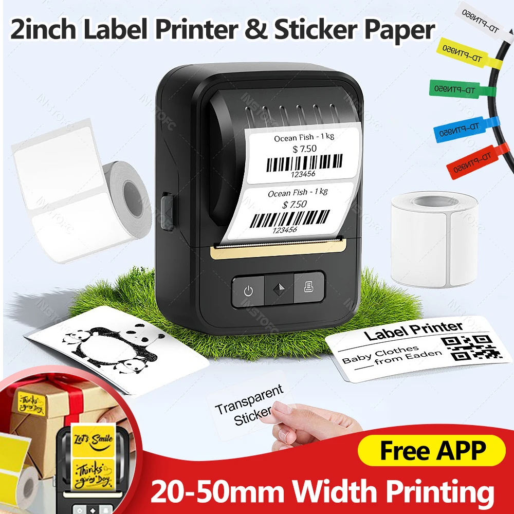 Stampante per etichette tascabile Etichettatrice termica Bluetooth senza inchiostro Etichettatrice adesiva Macchina per etichette adesive Modello fai da te Codice a barre Codice QR Cavo Nastro