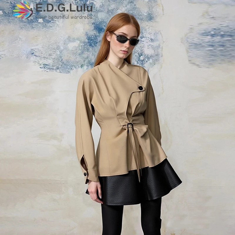 

EDGLuLu корейский модный дизайн, асимметричный пиджак на шнуровке с одной пряжкой, женский коричневый пиджак с длинными рукавами 0929