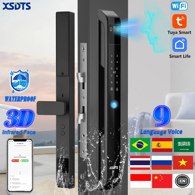 

3D лицо Tuya Wi-Fi электронный умный дверной замок пальмовая вена пароль ключ отпечаток пальца алюминиевое стекло раздвижная дверь водонепроницаемая уличная
