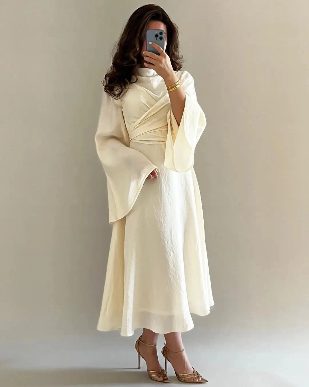 

O-neck Full Sleeve Evening Dress White Chiffon Zipper Up Wedding Party Dress Tea-length Cocktail Prom Gown For Women