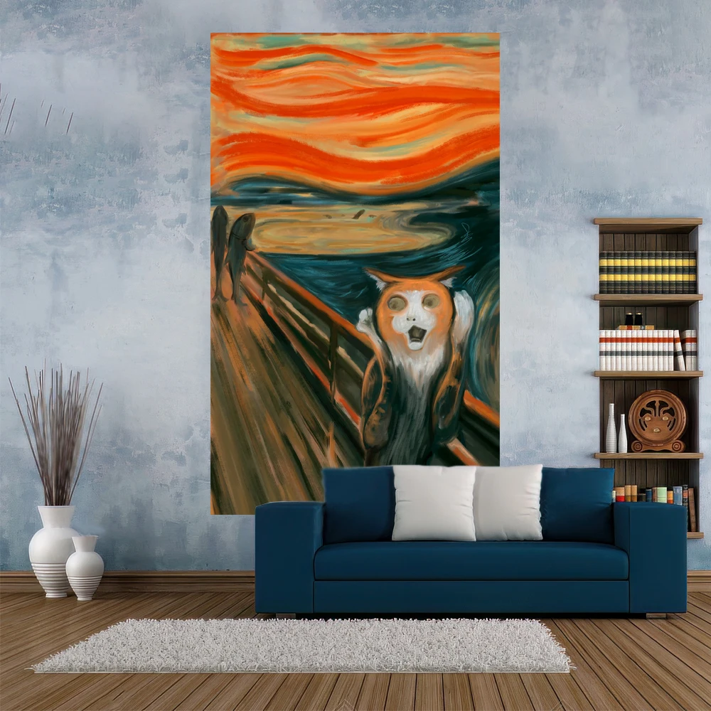 Classic Abstract Oil Painting Tapestry Scream Cat Kawaii Printed Wall Hanging Room Decor Dormitory Blanket Bedroom Decoration