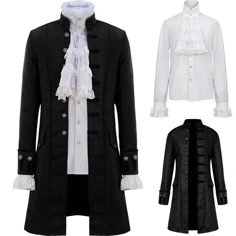 

Renaissance Medieval Steampunk Men Gothic Trench Coat and Shirt Set Vintage Prince Overcoat Victorian Edwardian Cosplay Costumex