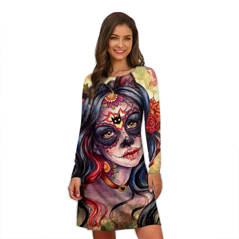 2022 Autumn Women Bohemian Print Dress Vintage Painting A-Line Dress Casual Halloween Skull Party Mini Dress Oversized Clothing