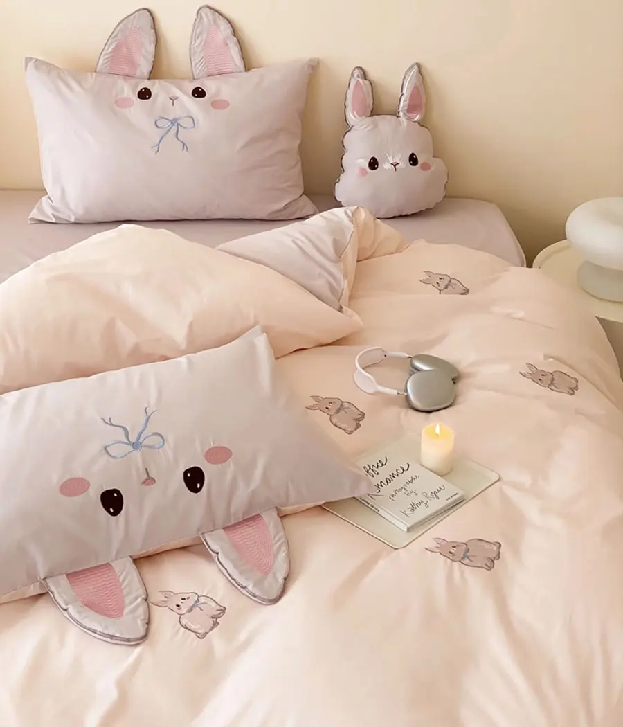 Cute embroidery rabbit bedding set 1.2 1.5 1.8 2.0,twin full queen king cotton home textile bed sheet pillow case duvet cover