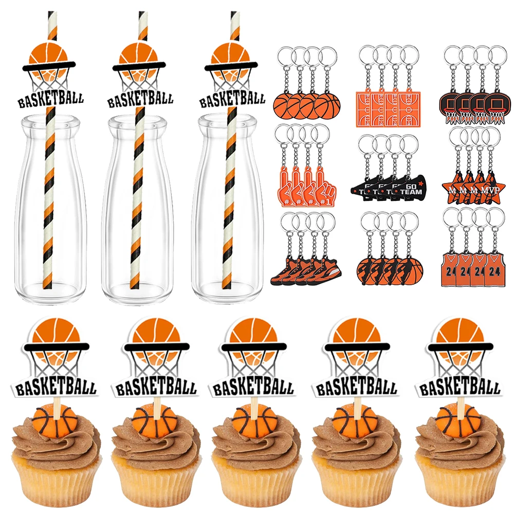 Basketball Party Supplies Paper Drinking Straws Keychain Basketball Cake Toppers Boys Men Sport Theme Birthday Party Decorations