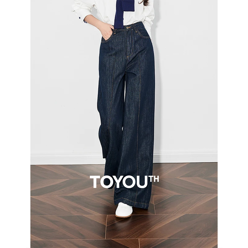 TOYOUTH Women Denim Jeans 2025 Spring New High Waist Slim Fit Straight Wide Leg Streetwear Casual Long Pants Trouser