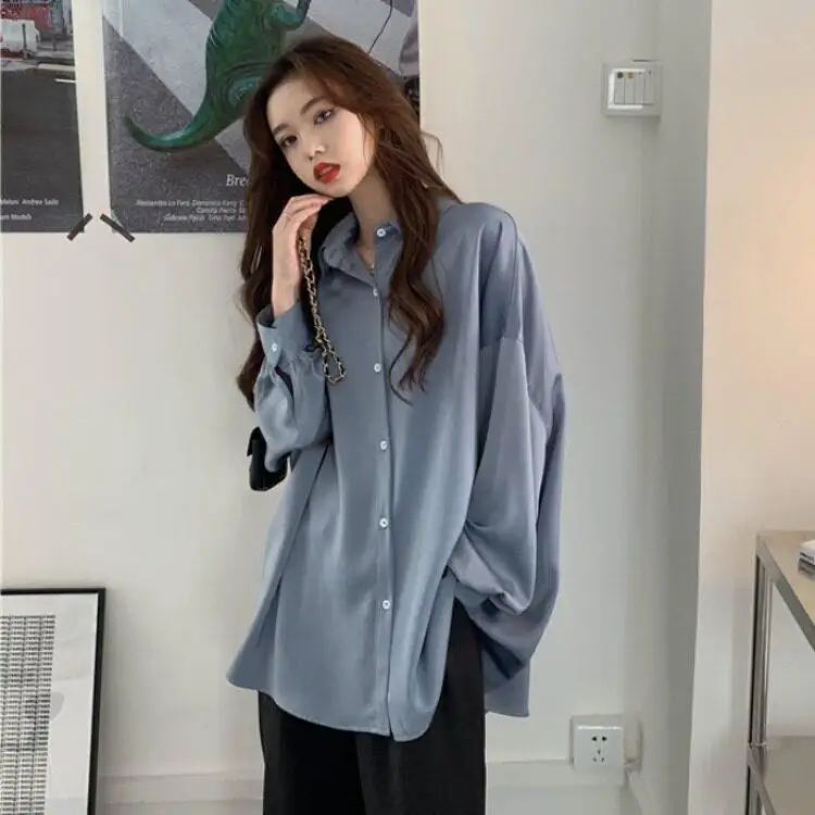 

Loose Fit Long Sleeve Casual Shirt Women's Mid-Length Salt System Shirt Spring Autumn Korean Style New Model Misty Blue Lazy ...
