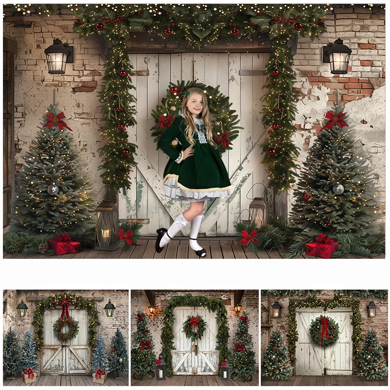 

Photography Background Christmas Rustic Warehouse Wooden Door Wreath Vintage Wall Decor Kids Adult Art Portrait Photo Backdrop