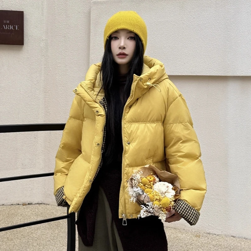 Winter Short Grid Splice Hooded Parker Down Jacket Female Drawstring Zipper Warm Outwears Women White Duck Down Puff Jacket Coat