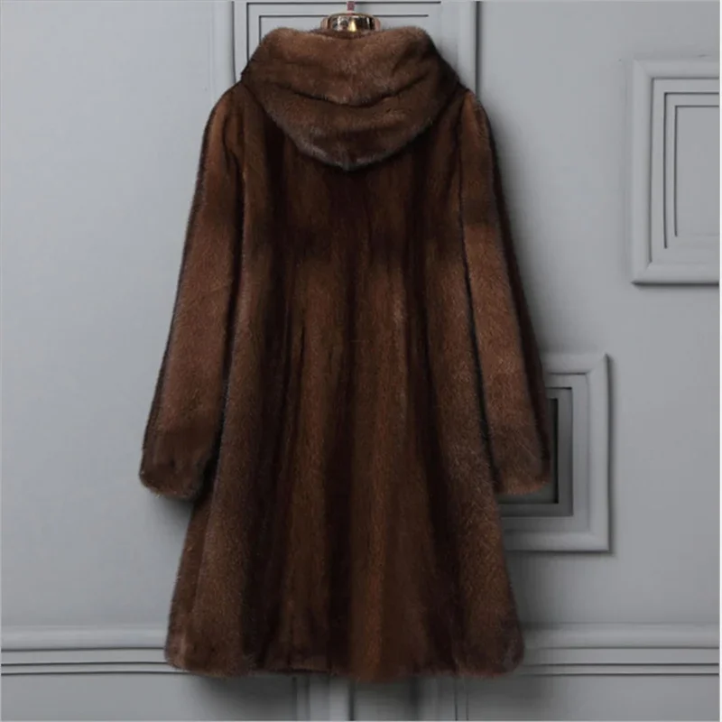 Customized fashion imitation mink coat long hooded mink fur collar slim thin women fur large size women's coat