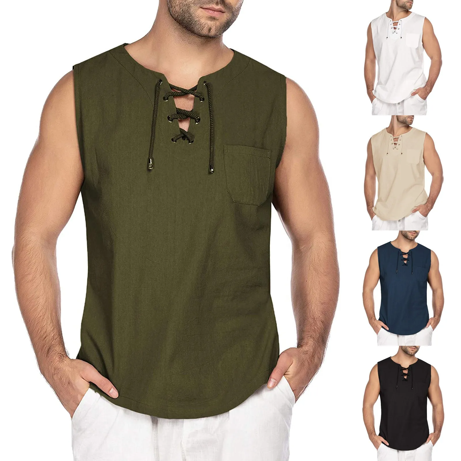 Cotton Linen Shirts Men's Casual Leeveless Vest Bandage Lace Up Blouse Retro V Neck Fashion Loose Shirt Male Solid Color Clothes